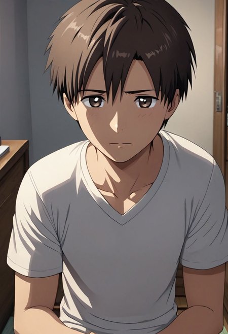 high resolution, solo, best quality, 1Boy, Takaki Toono, Brownish Hair, Brown Eyes, kabedon POV, T-Shirt, OverallDetail