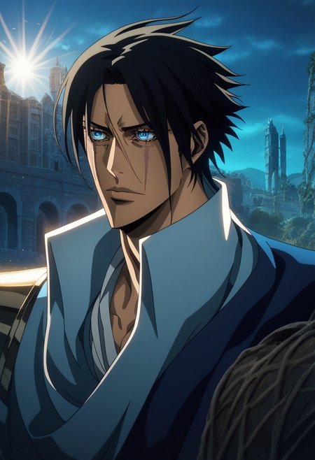 score_9, score_8_up, score_7_up, score_6_up, score_5_up, score_4_up, castlevania_(netflix), castlevania style, castl3van1a5tyl3, (trevor_c._belmont), (perfect face, perfect eyes), BREAK, 1male, trevor_c._belmont, short black hair, scar, eyelashes, bleach style, (blue eyes), fancy clothes, castlevania style, light shining, rays of light, night, Outside at night, a walled village in the distance, towers, stone,AddXL, sm_an_stl ,source_anime, anime screencap, anime, animification