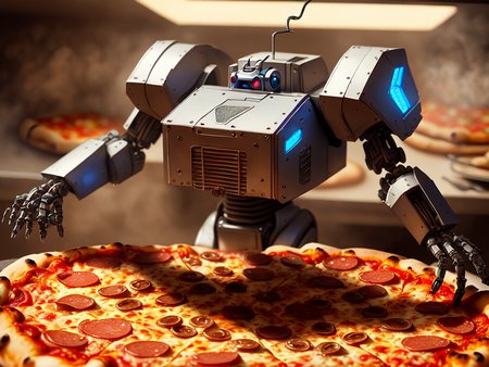 action shot of the mechaghetti meafbaw hypercannon equipped robot in a pizza cage, masterpiece, shaded, clothing list
, topics wide reach of discussion, detailed, meigndetail a short woman in the pizza kitchen, intricate, detailed, realism 