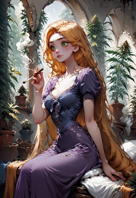 safe_pos, Score_9_up, score_8_up, score_7_up, 1mg1mg, pureerosface_v1, Expressiveh, Rapunzel is sitting in a round stone tower room on a faded blue beanbag by the window. She has a very satisfied look on her face. Her eyes are closed and her had is tilted back. Her hair is trailing and draped across objects in the room. An arched stone window is opem behind her. ((She is smoking a cigar and ((blowing smoke rings)) single cigar. smoke coming out of the mouth))The room is overflowing with potted ((marijuna plants)) in varying sizes and colors. Large_stone wall, castle window, purple dress, downblouse, puffy sleeves, very long hair, blonde, green eyes, marijuana, plant, leaf, potted plant,