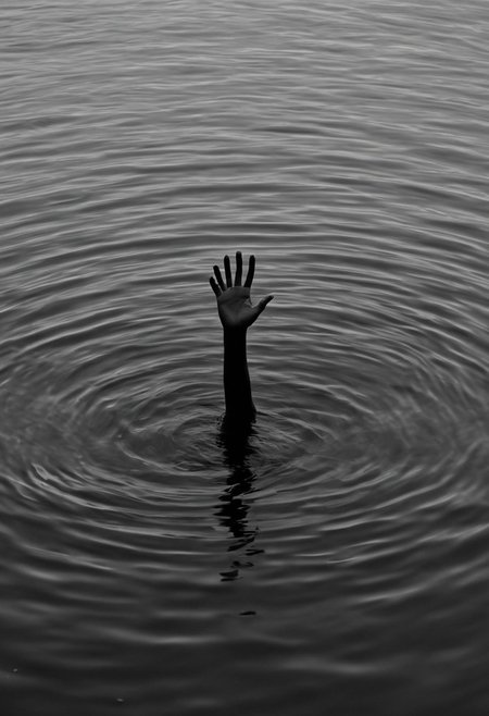 A black and white photograph captures a partially submerged human figure standing in calm water, with the figure visible from the torso up in profile silhouette against a grey background. Four dark silhouetted hands with spread fingers reach upward from the water's surface around the central figure, creating dramatic shapes against the rippling water. The high-contrast composition shows even lighting across the scene, emphasizing the interplay of light and shadow on the water's surface. The medium shot framing captures the entire figure and reaching hands in a single frame. High-contrast black and white photography with dramatic lighting and sharp focus.