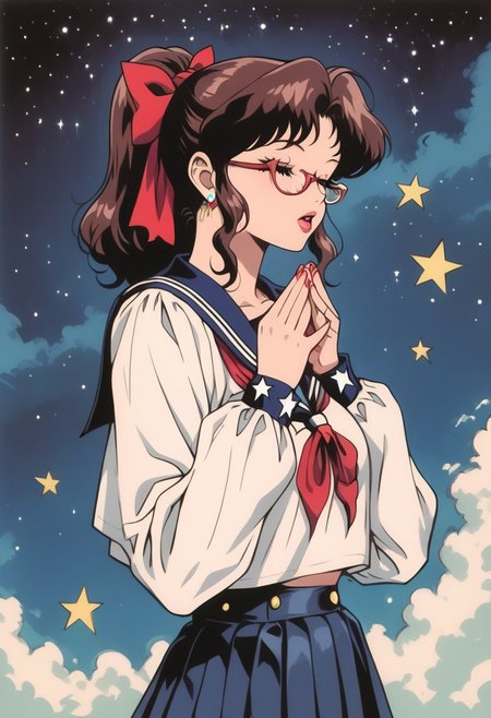 score_9, score_8_up, score_7_up, score_6_up, score_5_up, score_4_up, BREAK sourse_anime, retro anime style, detailed retro anime, 90's anime style, 1990s \(style\), Vintage, dreamy psychedelic anime, high quality, best quality, anatomically correct, masterpiece, BREAK 1girl, solo, from side, view from the back, BREAK brown hair, ponytail, (red hair ribbon), glasses, beautiful teenage girl, red neckerchief, BREAK serafuku, (white short with long sleeves), green pleated skirt, closed eyes, BREAK (hands reach out to the star), (night, shining stars in the sky on background), translucent rainbow, cowboy shot, s1n0p0p