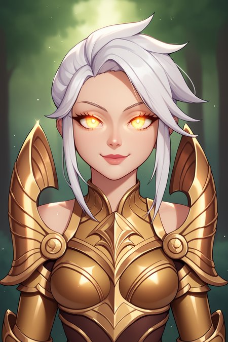 score_9, score_8_up, score_7_up, score_6_up, score_5_up, score_4_up, BREAK, KayleLoLXL, glowing eyes, yellow eyes, white hair, hair strand, medium breasts, gold armor, gold shoulder armor, arm armor, gold gloves, gold breastplate, brown bodysuit, solo, front view, (portrait, upper body), solo focus, seductive smile, looking at viewer, forest, tree <lora:KayleLoLXL:0.9>