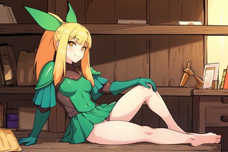 masterpiece, best quality,<lora:Fey_Fandeltales-000019:0.57>, 

Fey_Fandeltales, bangs, orange eyes,blonde hair, (armor, ponytail, shoulder pads) , small breasts, hair bow, 

bare arms, looking at viewer, ( Beautiful, purchasing items from shop, sitting on desk, barefoot, one leg up) , thick outlines, clean outlines, cartoon