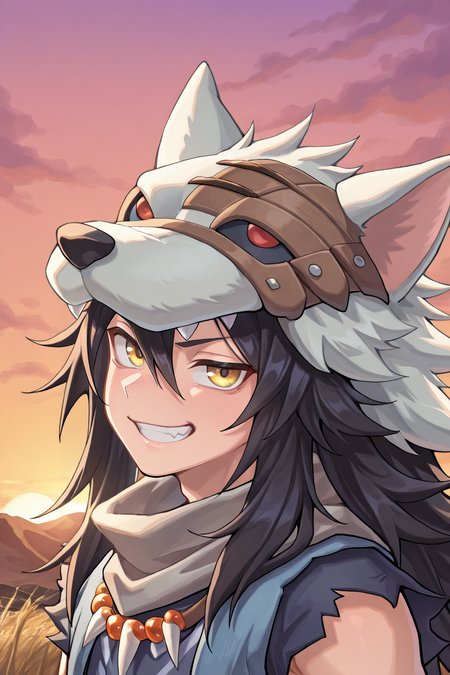 <lora:FlunkyIL:0.8> , fludef, 1boy, black hair, long hair, yellow eyes, wolf hat, wolf hood, wolf pelt, wolf tail, grey scarf, bandana around neck, necklace, tooth necklace, fur trim, blue vest, torn clothes, smug, wide grin, (face, close-up), portrait, looking at viewer, evening, (solo), masterpiece, very aesthetic, absurdres, best quality, amazing quality, high resolution, detailed background,  <lora:illustrious_quality_modifiers_masterpieces_v1:0.8> , <lora:ChamIllustriousBackgroundEnhancer:0.5>