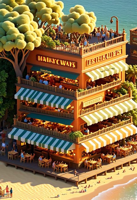 ispzxll, diorama, isometric, miniature, beach scene, boardwalk, market stands, restaurant, bar, golden hour, long shadows, volumetric lighting style, pedestrian crowds, mature trees, intricate details, potted plants, ultra-detailed, 8k, fluffy clouds and setting sun in background