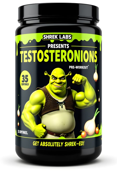 Design a bold, comedic preworkout supplement tub labeled 'SHREK LABS PRESENTS TESTOSTERONIONS', "Pre-workout", with a swampy, ogre-green background featuring cartoonish onion graphics and a high-energy vibe. Show the profile of an angry-faced Shrek flexing his insanely over-the-top steroid, bicep on the label. Include the text '35 Servings.' and at the bottom of the tub a tagline reads "Get Absolutely SHREK-ED!" in a Shrek-inspired style