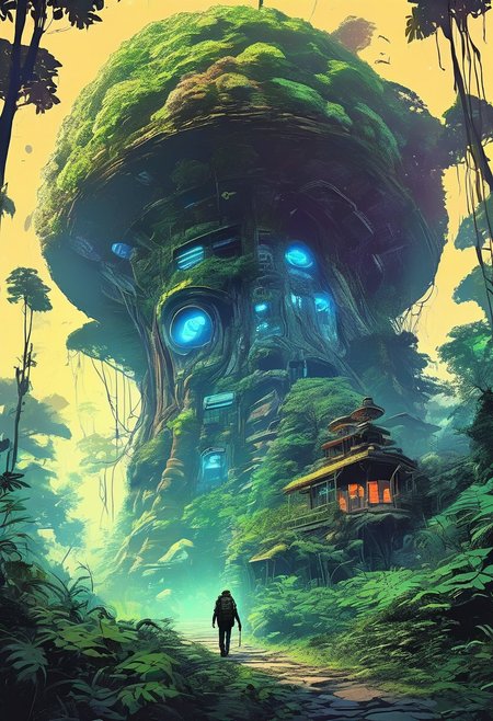1 man, A lone traveler, walking through a dense, mystical forest , magical forest, ancient forest, big plants, fern, Podophyllum, Colocasia, big leaf, rocks, wildflower, mushroom,  plane crash covered with plants, with towering ancient trees, creepers, glowing plants, blue glowing lights, neon, neon light, and a distant light guiding the way, scary, horror, cinematic, epic, poster, digital painting, colorful, green, orange, purple, blue, dark colors, intricate details, adventure, science fiction, Asaf hanuka, uplight, 35mm