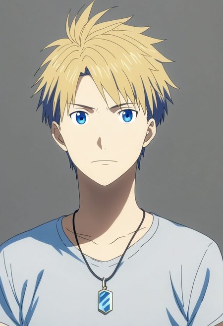 high resolution, professional photography, solo, best quality, 1Boy, Yamato Ishida, Blond Hair, Deep Blue Eyes, Necklace, dark t-shirt, looking at viewer, focused gaze forward, plain background, straight body, head upright, OverallDetail