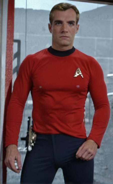 Handsome, masculine, blonde, star trek, red shirt, muscle,  tall, tight shirt, tight pants, bulgedleg_pants,