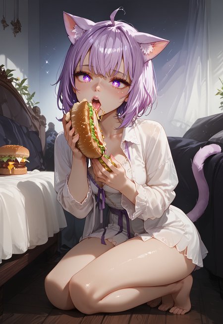 score_9, score_8_up, score_7_up, c3l3st3n01r, CelesteNoir, source_anime, zPDXL3, 1girl, solo, ((wide open mouth, sparkling eyes:1.3), eating a sandwich, hololive), okayuBase, short hair, purple eyes, purple hair, cat ears, cat tail, ahoge, barefoot, soft lights, soft shadows, shiny skin, Expressiveh