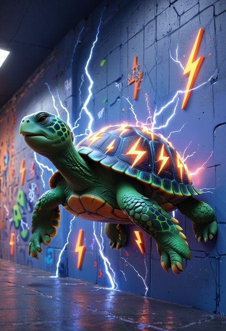 A 3D Pixar movie-like turtle with lightning symbols on its shell. Simple background. A graffiti on the wall says "Need Buzz for Speed." Masterpiece, High quality, Ultra Details