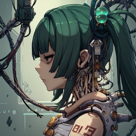 score_9, score_8_up, score_7_up, score_6_up, score_5_up, source_anime,
<lora:qingyi.pony:0.9>, qingyi, green hair, twintails, empty eyes,
<lora:CyberWare-pony:1.0>, Cyb3rWar3,
Cyberware, (exposed mechanics:1.2), cable, mechanical parts,
close-up, from side,