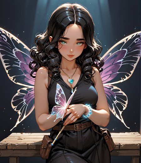 PonyScores7, source_anime, ah1, <lora:natsumi_style:1>, BREAK 1girl, (curly hair), long hair, (black hair:1.3), mature female, (parted hair:1.7), (round face:1.2), (thick eyebrows), (curvy), round-chin, (greenish hazel eyes), caucasian, (downturned eyes:1.2), (plump face), <lora:ETO_OCPonyXL:0.5> eto_oc, skindentation, (plump), thick thighs, wide hips, busty, voluptuous, kinky curls, lips, <lora:venus body PonyXL:0.4>,  (shy, blush, smirking at viewer), (Resting on a bench in a park leaning back with hands behind the head enjoying the moment,), (Malevolent, ghost ship), looking at viewer, (Charcoal (jeweled headband, enchanted key pendant, enchanted bracelet with tiny charms, holding a magical wand adorned with gemstones, glowing ankle bracelet, holding a fairy dust pouch, translucent butterfly wings), BREAK <lora:xl_more_art-full_v1:0.2>, <lora:shinyskin2:0.2> glistening skin, <lora:aesthetic_anime_v1s:0.2>, <lora:Expressive_H:0.2> Expressiveh, <lora:hairdetailpxl:0.2> hairdetailpxl, <lora:EpicF4nta5yXL:0.2>, <lora:detailxl:0.2> detailxl, <lora:Fant5yP0ny:0.2>, best quality, amazing quality, best aesthetic, absurdres, <lora:expressive eyes:0.2> expressive eyes, <lora:eyedetailpxl:0.2> eyedetailpxl, illustration, Volumetric_Lighting, ultra-detailed, very aesthetic, intricate details, 8k, masterpiece, best_quality, BREAK (Ground level (from behind) view Close shot), BREAK <lora:Eyes_High_Definition:0.3> EyesHD, Stable_Yogis_PDXL_Positives, AS-Adult, <lora:Complicated fantasy portrait - XL Pony V2.0:0.4>, bad-hands-5,