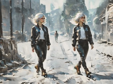 score_9, score_8_up, score_7_up, character in profile, walking, looking at surroundings, 1girl, pale skin, medium breasts, <lora:sm0k3XLP:1>, <lora:goth_clothes:1>, Black leather jacket, black leather pants, black riding boots, white highlights, Long white hair, young face, <lora:Our_Muted_Future_Style:1>, <lora:OilpaintIMP:1> 0cmtr1g, 0cm, 0cm1sc, 4rch,