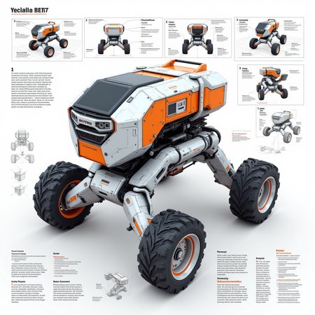 cinematic film still professional 3d model <lora:BlueprintLegacy:0.8> <lora:aidmaFLuxPro1.1_v0.3:0.8>"Create a highly detailed, technical blueprint-style illustration of the , showcasing its hexagonal chassis, stabilizing arms, heat-resistant construction arm, and all-terrain wheels. Use a monochrome color scheme with orange accents for critical components. In the background, include cross-sectional diagrams of the robotâs internal mechanisms, annotated with labels for its dust-proof systems, solar panels, and modular tool attachments. Add a step-by-step visual guide of the platform assembly process, with technical annotations for each phase." . octane render, highly detailed, volumetric, dramatic lighting . shallow depth of field, vignette, highly detailed, high budget, bokeh, cinemascope, moody, epic, gorgeous, film grain, grainy