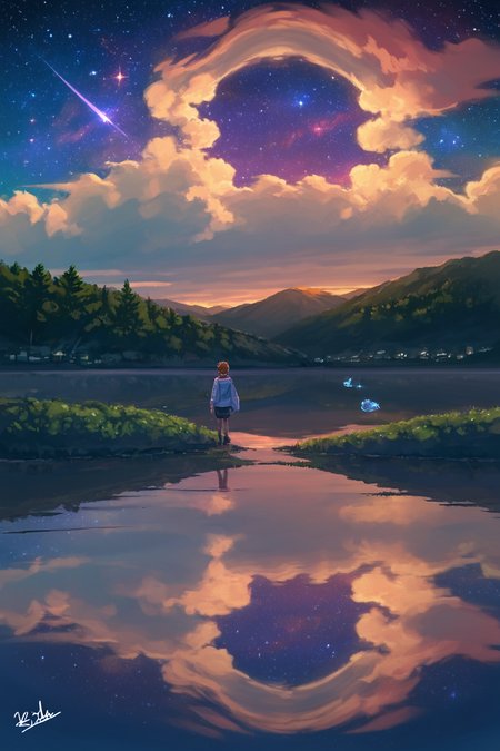 PDXL, source_anime, <lora:AlpcmasV1:1>, alpcm4s, landscape, 
giant lake, night sky, stars, galaxies, 
volumetric reflections, volumetric shadows, HDR, shot on Canon DSLR