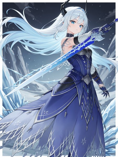 velkhana armor, blue long dress, 1girl, solo, long hair, blue eyes, blue hair, black horns, looking at viewer, ice, holding blue sword, blue gloves, white hair, blue sword, white border, floating hair, 
masterpiece,best quality,amazing quality,very aesthetic,absurdres,newest,<lora:Velkhana Armor Beta illuXL v1.1:0.77>,side,