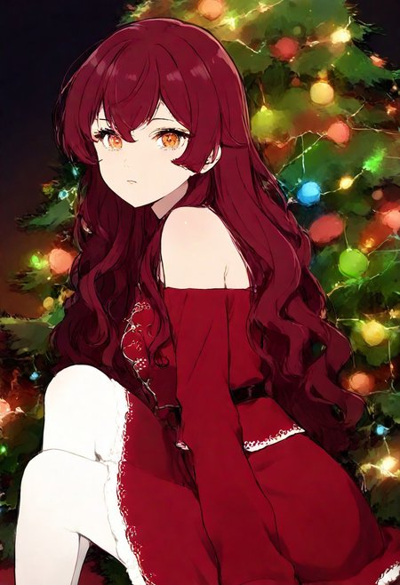 1girl, sitting, bare shoulders, red and black clothes,  white tights, christmas clothes, dark red hair, long wavy hair, looking at viewer, christmas tree, christmas decoration, side view, sitting,  christmas lights, masterpiece, highres, absurdres solo, score_9, score_8_up, score_7_up,  2d color,