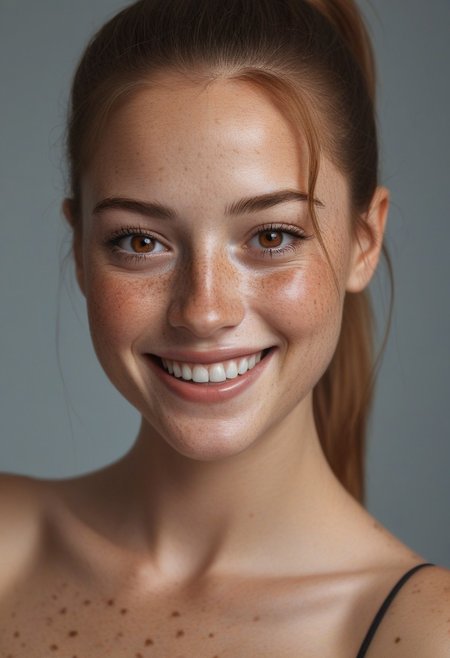 beautiful lady, (freckles), big smile, brown hazel eyes, Ponytail, dark makeup, hyperdetailed photography, soft light, head and shoulders portrait, cover