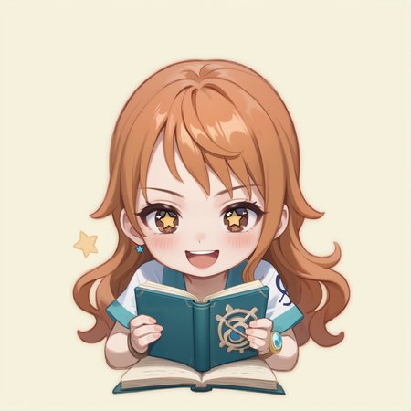 score_9, score_8_up, score_7_up, rating_safe, zPDXL2,  zPDXLxxx, zPDXL3, source_anime, <lora:GenshinChibi:1.2>, 
GenshinChibi, chibi, nami \(one piece\), orange hair, 1girl, solo, long hair, simple background,
brown eyes, blush, smile, open mouth, :3, +_+, monocle, star-shaped pupils, 
holding,  book, holding book,  pen,