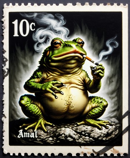 sitting animal (toad smokes a cigarette:1.3), ashtray, paws, 10c written, 8k, F2.8, RAW Photo, ultra detailed, <lora:Dark_Fantasy_Postage_Stamp:1>