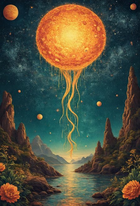 high quality, highly detailed, Imagine a dreamlike scene blending the swirling cosmic colors of Vincent van Gogh's Starry Night with the surreal celestial precision of Salvador Dali. In this cosmic dance, celestial bodies echo Turner's atmospheric touch, blurring the line between reality and fantasy, In the foreground, a fantastical creature takes center stage, blending the whimsy of Hieronymus Bosch's beings with the organic flow of Alphonse Mucha's art nouveau lines. Elements of H.R. Giger's biomechanical aesthetic add an otherworldly touch, awesome full color,
OverallDetailXL <lora:SDXLFaeTastic2400:0.4> <lora:DetailMaximizer:0.55> detailmaximizer  <lora:Thumbnail:0.7> flex-style