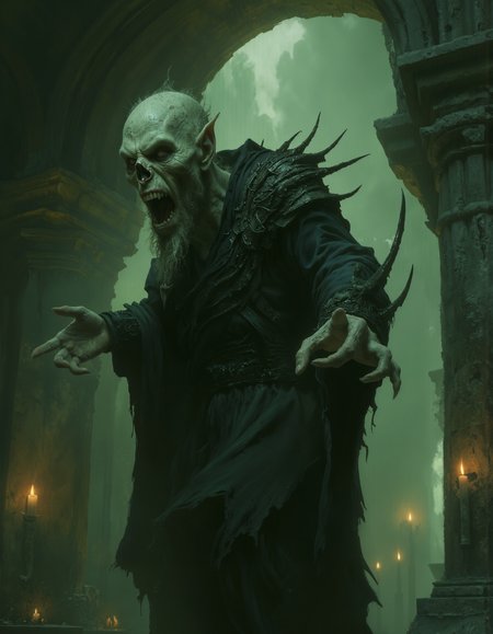 manzanedo style, analog Photo, A tall, gaunt vampire clad in dark, tattered robes stretches one skeletal arm forward, its long fingers tipped with sharp, claw-like nails. Its pale, deathly skin contrasts against the shadows of the dimly lit, gothic setting. The creature’s face is contorted in a vicious snarl, baring sharp fangs, while its hollow eyes burn with malevolent intensity. Jagged, bone-like protrusions extend from its back, adding to its nightmarish appearance.

The background reveals ancient, decaying stone pillars, partially illuminated by dim candlelight, evoking the sense of an old crypt or vampire lair. The air seems thick with darkness and age, and the architecture reflects a sinister, arcane atmosphere. The muted tones of green, black, and gray dominate the scene, while the pale figure and occasional warm glows from the torches create eerie contrast. The artwork, likely a digital painting, emphasizes texture and mood, focusing on the creature's monstrous presence and its unnatural grace.