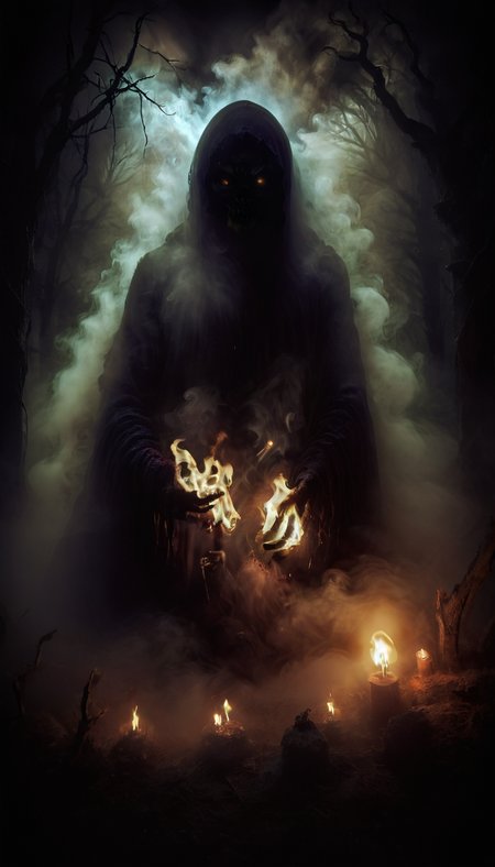 horror show, monster, nightmare, fear, Cinematic style "A dark, hooded figure stands in the midst of thick fog. The creature's eyes glow with hellish fire, as if the darkness itself is pouring through them. Its face is covered in shadow, but from beneath the dark purple hood, a vicious yellow skull can be seen, twisted with malice. A clawed hand reaches forward, as if calling or cursing. Magical energy swirls around it, like smoke, poisoning the air with an ominous aura. This creature is an embodiment of horror, a creature of deep nightmares, guarding the secrets of an ancient curse."