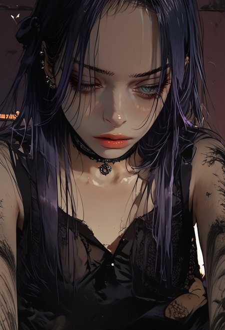 score_9, score_8_up, score_7_up, sinozick style , flat color, dark theme , source_comic, 1girl, solo, long hair, purple hair, choker, tattoos, black gothic dress, fishnet arm sleeves and gloves,  gothic dungeon background
BREAK
Dramatic angle, unique perspective, unique angle