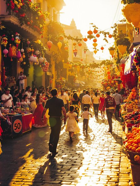 A vibrant Kodachrome capture of a bustling Latin American street, teeming with festive activity during the golden hour of Christmas.  Warm, honey-toned sunlight bathes the scene, illuminating a crowded street lined with brightly colored, makeshift Christmas displays.  People, dressed in colorful, traditional outfits, are exuberantly dancing, their movements joyful and energetic.  Laughter and the music of a lively mariachi band, rich and brassy, fills the air, punctuated by the joyful chatter of children.  The street is paved with worn, dark cobblestones, reflecting the golden light in shimmering patterns.  Small, intricately decorated stalls overflow with vibrant handmade crafts and sweet-smelling treats.  The scent of roasting piñatas and cinnamon hangs heavy in the air, enhancing the joyful atmosphere.  Familiar, intimate objects of everyday life, from brightly painted bicycles to overflowing baskets of fruit, are captured with a sharp focus, adding to the scene's charming, authentic feel.  The overall emotional tone is one of radiant warmth, profound celebration, and palpable community spirit.