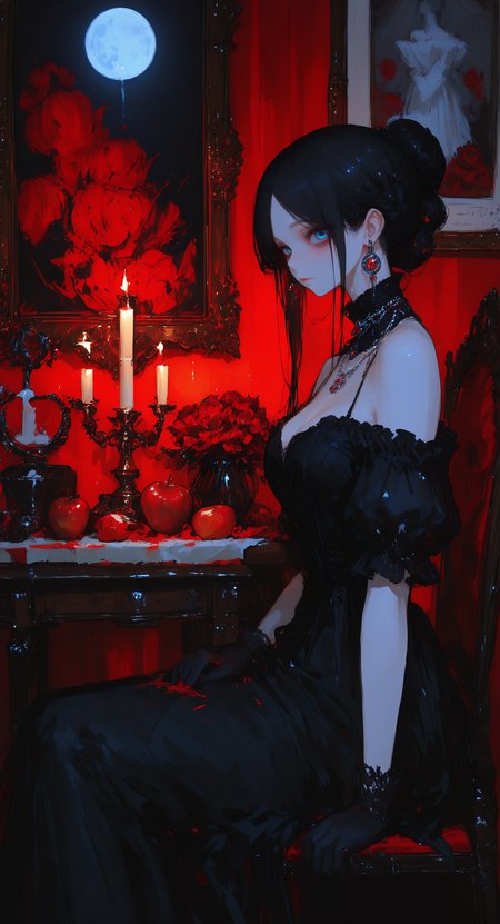 masterpiece, best quality, good quality, very awa, very aesthetic, absurdres, newest,1girl, solo, long hair, breasts, looking at viewer, black hair, gloves, dress, closed mouth, cleavage, jewelry, bare shoulders, sitting, flower, short sleeves, earrings, food, indoors, puffy sleeves, off shoulder, necklace, hair bun, black dress, puffy short sleeves, parted bangs, detached collar, fruit, chair, table, moon, single hair bun, mirror, long dress, off-shoulder dress, apple, candle, red theme, picture frame, vase, painting \(object\), carpet, candlestand, drawing \(object\), portrait \(object\), candlelight,
From Side, Cinematic Lighting, <lora:NOOB_vp1_detailer_by_volnovik_v1:0.35> <lora:noobai_ep11_stabilizer_v0.138_fp16:0.4> <lora:ponyv6_noobV1_2_adamW-000017:0.7> <lora:ç»ªå¿_åæ¶æå¾åå½±è´¨æå¢å¼ºV3:0.3> <lora:r17329_illuu:0.3> <lora:748cmXL_NB11_lokr_V6311P:0.8>