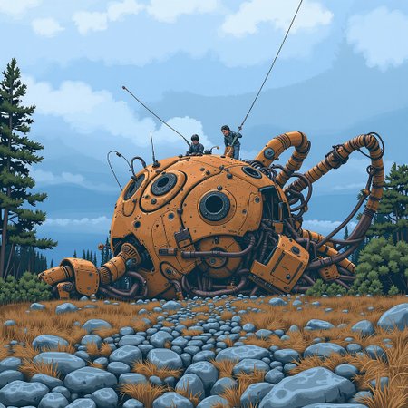 Simon Stalenhag Style image futures some kids playing on top of a giant robot lying down on the Scandinavian wilderness, his rooted and rusted robotic parts can be seen easily.