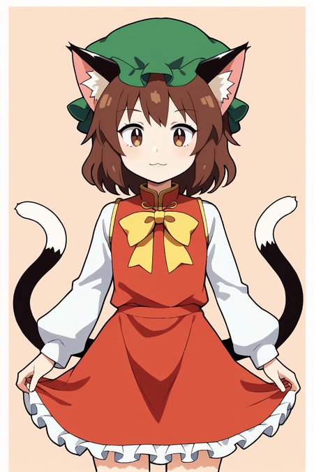 score_9, score_8_up, score_8, score_9, 1 girl,  source_anime, <lora:chen_pony-10:1>, chen, brown hair, brown eyes, cat ears, red dress, long sleeves,  green hat, mob cap, two tails, flat chest, white_sleeves, yellow ribbon, frills,  <lora:KJA5:0.8>