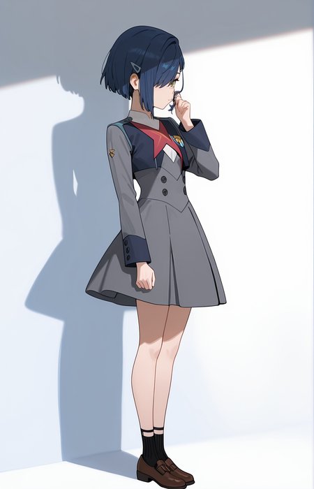 perfect quality,high quality,masterpiece,best quality,amazing quality,very aesthetic,absurdres,Cinematic Lighting,newest,
front view,full_shot,Contemplative expression,
IchigoCYQL,1girl,solo,blue hair,short hair,green eyes,hairclip,hair ornament,hair over one eye,uniform,military uniform,dress,grey dress,long sleeves,socks,black socks,shoes,brown footwear,
full body,standing,hair_twirling,,
silver background,simple background,
<lora:ponyv4_noob1_2_adamW:0.7>,<lora:USNR STYLE_XL_loha:1>,usnr,<lora:MeMaXL4:0.4>,,<lora:IchigoCYQL:1>,
