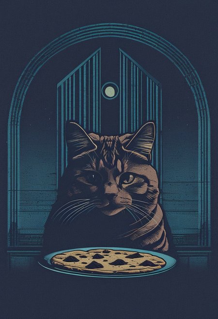 score_9, score_8_up, score_7_up, score_6_up, novuschroma28 style, easynegative, detailxl, BREAK, night, chocolate chip cookie, cookie art design, cookie decoration,solo cookie,(flat art), cookie with a picture of cat