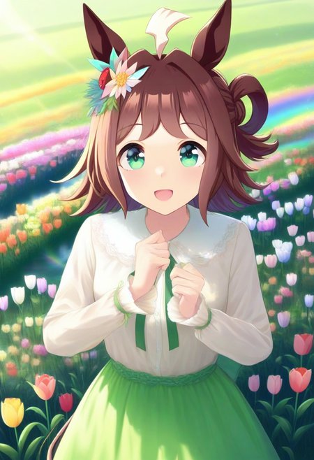 Tulip flower hair_ornament, (umamusume, rhein_kraft_(umamusume), horse_ears, horse_girl, tail, 1girl, ahoge, animal_ears,)
casual, field, flower, flower_field, green_eyes, hair_between_eyes,
head_wreath, looking_at_viewer,  solo, aesthetic, absurdres, symmetric ,spiralling vortex made of multicoloured tulips, lush foliage sunrise,  ripples, reflective, jaynl-tm, rainbow, , g0ldsw0rthy,
(realistic, photo,  artistic, medium_hair, one_eye_closed, petals, relaxing, smile,  : 0.7)