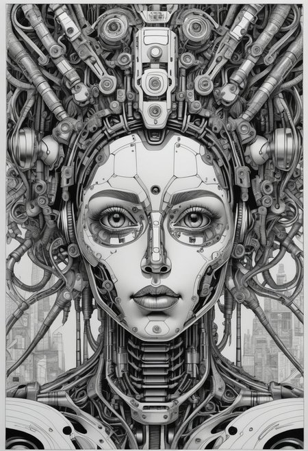 impossibly intricate pen and ink drawing of an extremely complex female-like robot head,  <lora:detailed_notrigger:0.8>