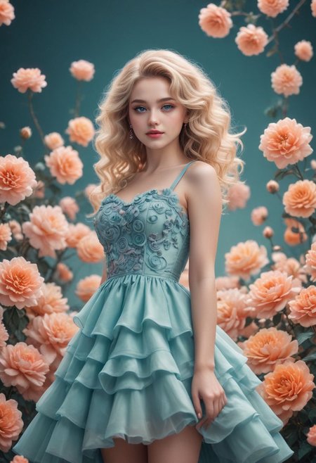 full height view, Romantic Rosette dress,  low angle shot, (Surreal), (illustration), (Resolution enhancement), (8k), (Very detailed), (Best illustration), (Beautiful and delicate eyes), (best quality), (Super detailed), (masterpiece ), ( wallpaper), (Detailed face),one blonde, curls,(High top fade in and out:1.3), (Smile brightly, bright look), dark theme, soothing tone, pastel colors, high contrast, (natural skin texture, Surreal N;NI, soft light, Impatient),exposure blending, medium shot, Bokeh, (human development report:1.4), high contrast, (Movie, teal and orange:0.85), (pastel colors, fade, soothing tone:1.3), high saturation, (Super detailed:1.2)