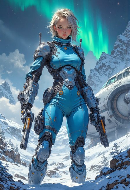 Dark Fantasy Art, cybernetic aRM realistic portrait image of An athletic female space bounty hunter on the icy surface of a frozen alien planet. short messy blonde hair, Snow and ice crystals cling to her skin tight blue futuristic armor, which has subtle warm hues to contrast the cold landscape. Her breath is visible in the frigid air as she scans the horizon. Towering ice cliffs and frosted alien flora surround her, while a large, frozen lake reflects the glow of a green aurora in the night sky above. Her determined expression shows through the icy mist as she stands by her landed space plane with an open cockpit
she holds 2 plasma pistols in both hands akimbo as she hunts her prey
artistic style of Jean "Moebius" Giraud
<lora:CPA:0.8>  , glow effects, godrays, Hand drawn, render, 8k, octane render, cinema 4d, blender, dark, atmospheric 4k ultra detailed, cinematic, Sharp focus, big depth of field, Masterpiece, colors, 3d octane render, 4k, concept art, trending on artstation, hyperrealistic, Vivid colors, extremely detailed CG unity 8k wallpaper, trending on CGSociety, Intricate, High Detail, dramatic  <lora:Midjourney_-_SemiReal_Dreams_FLUX_LoRA:0.7> <lora:FluxMythV2:0.5>, 