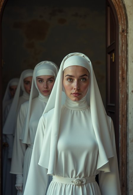 closeup front view, buxom nuns standing in a row, front view, lustful blushed pure eros face vintage nuns looking to viewer, Capture the anticipation: A vintage scene unfolds as a group of nuns, clad in white habits and bonnets, cautiously open the doors of an ancient castle. Their faces alight with curiosity and expectation, embodying a moment steeped in mystery and intrigue.
deep blacks, high contrast, atmospheric haze, Film grain, cinematic film still, shallow depth of field, highly detailed, moody, epic, OverallDetail, 2000s vintage RAW photo, photorealistic, candid camera, color graded cinematic, atmospheric lighting, imperfections, natural, shallow dof