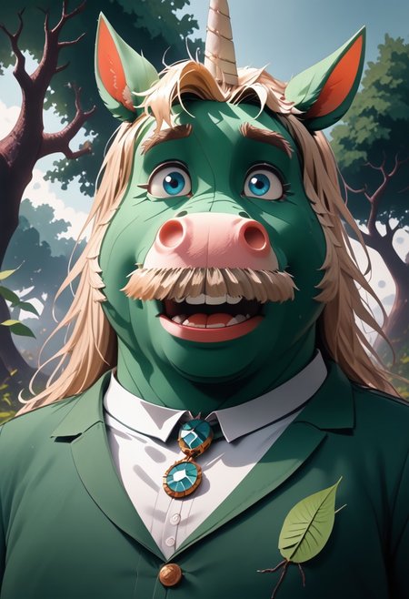 PLANT GIRL, WORLD MORPH LEAVES, 1boy, male, solo, RED LEAVES, anthropomorphic unicorn made of DEAD LEAVES, fat, light blue eyes, white unicorn, long blonde mane, pink snout, bushy white mustache, unicorn horn, logo on chest, anthropomorphic character, big expressive eyes, perfect background, pointed ears, animated character, cartoon unicorn, long white tail, 4k, masterpiece, best quality, highly detailed, forest background, upper body, low angle, seductive expression, round belly, shocked, startled, close up, male focus, show belly