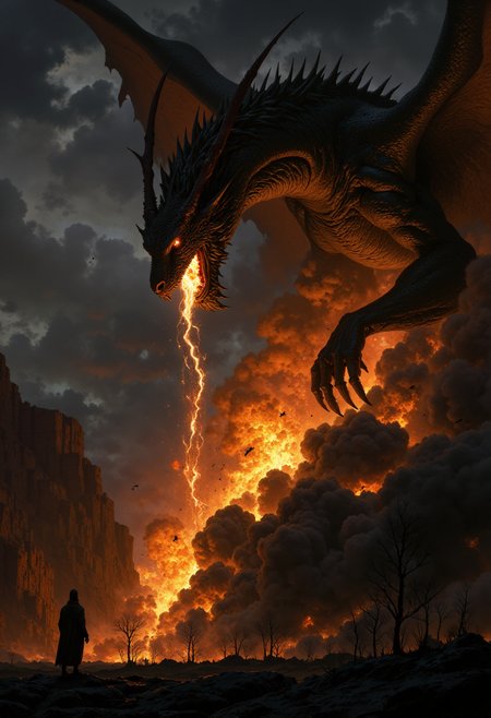 Digital fantasy artwork depicting a dramatic scene with a large dragon dominating the upper half of the image. The dragon is shown in a dynamic pose, with its wings spread wide and its mouth open, releasing a stream of fire towards the ground. The creature's scales are dark and textured, blending into the stormy, cloud-filled sky. Below, a small silhouetted figure stands amidst the fiery explosion, adding a sense of scale and intensity to the scene. The landscape is barren and dark, with sparse, charred trees scattered across the foreground. The color palette is dominated by fiery oranges and deep grays, creating a contrast between the dragon's fire and the ominous sky. The overall composition conveys a sense of power and impending doom. <lora:FluxMythP0rtr4itStyle:0.6> <lora:flux.1_lora_flyway_Epic-Characters_v1:0.6> <lora:Elden_Ring_-_Yoshitaka_Amano:0.33>