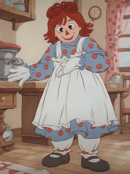 score_9, score_8_up, score_7_up,  score_6_up, BREAK, RaggAnn, 1girl, solo, red hair, smile, apron, black eyes, polka dot, black footwear, blue dress, white gloves  <lora:Raggedy_Ann-000009:1>