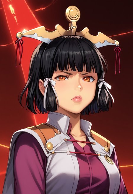 score_9, score_8_up, score_7_up,  detailed, intricate details, chromatic aberration, realistic, veins  source_anime,
kuroinukaguya, <lora:kuroinu-kaguya-ova-ponyxl-lora-nochekaiser:1>,
kaguya, black hair, orange eyes, hime cut, short hair,
hair ribbon, (best quality) , (highly detailed) ,((masterpiece)), ((best quality)), (ultra-detailed), ((extremely detailed)), (high resolution), 4K, (8K), best quality, (beautiful), (dynamic lighting), (super detailed skin), sharp focus, (1_girl, solo focus), shiny skin, 
  white vest, purple jumpsuit, furrowed brow, lips, blue armband, confused, ?, crossed arms, closed eyes, annoyed,
