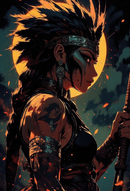 Female aztec warrior, tribal, wolf headdress, Revenant, war paint, face paint, eye black, glowing eyes, in profile, toned arms, braided hair, large breasts, dark and moody background, adds a dramatic tone, subtle lighting reflections, ray traced, foreshortening, particle effect, Holding a sword,