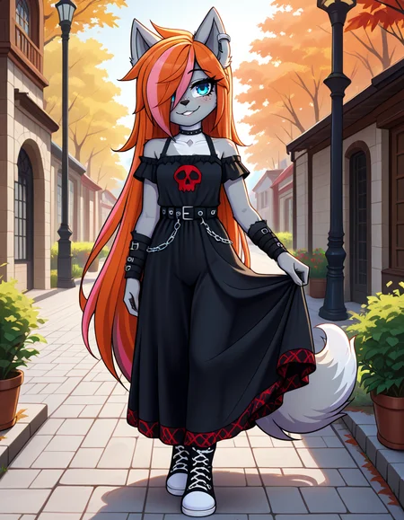 masterpiece, best quality, very aesthetic, absurdres,
outdoors,
full body, standing, posing, 
goth fashion, 
seductive smile, parted lips, long eyelashes,
<lora:Kayla_Kitsune_v01_NAIXL:1>
K4yl4_K1tsun3,1girl,solo,furry,furry female,very long hair,multicolored hair,orange hair,pink hair,streaked hair,hair over one eye,wolf ears,earrings,blue eyes,freckles,snout,animal nose,body fur,two-tone fur,wolf tail