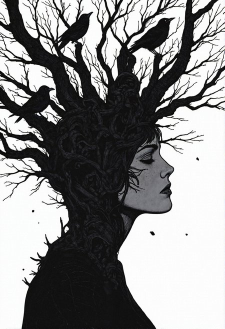 aidmaHyperrealism, Comic book illustration
A strikingly surreal monochrome artwork portraying the profile of a woman whose very essence is woven into the fabric of an eerie, leafless forest, her body dissolving into an intricate web of twisting, skeletal branches that extend infinitely into the void. Her eyes are shadowed, lost in deep contemplation, as if she exists beyond time, a ghostly figure bound to the trees that shape her form. Crows perch delicately among the branches, silent harbingers of fate, their dark silhouettes a stark contrast against the stark, ethereal backdrop**. The textures are finely detailed, mimicking hand-drawn ink techniques with an exquisite balance of shading and negative space, giving the image a haunting, dreamlike quality. This piece captures the melancholy beauty of transience, the fusion of humanity and nature, and the quiet poetry of decay and rebirth.
 <lora:Comic_Style_-_FLUX:1.0>