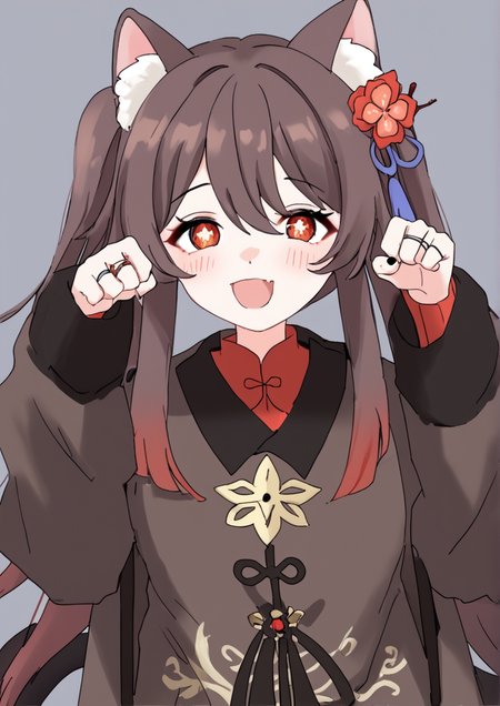 1girl, hu tao (genshin impact), huge breast, animal ears, breasts, brown coat, brown hair, cat ears, cat tail, coat, flower, flower-shaped pupils, hair flower, hair ornament, jewelry, kemonomimi mode, long hair, multiple rings, no headwear, open mouth, paw pose, plum blossoms, red eyes, ring, smile, solo, symbol-shaped pupils, tail, twintails, zPDXL3 <lora:bobok:1>