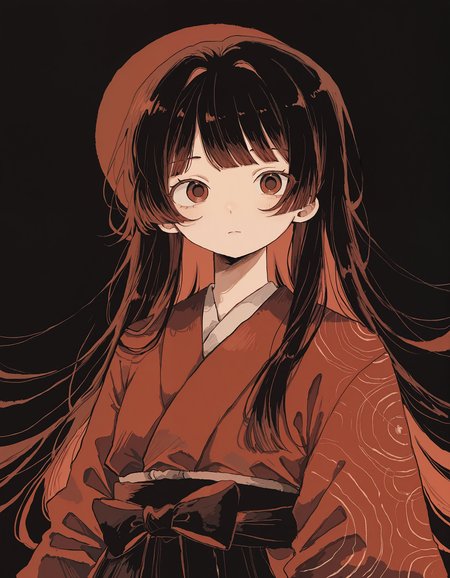 masterpiece,  best quality, newest, highres, absurdres, <lora:wasabi_natsume_style_r1:1>,wasabi_natsume_illu,abstract,1girl, solo, long hair, looking at viewer, upper body, bangs, red theme, japanese clothes,blending,